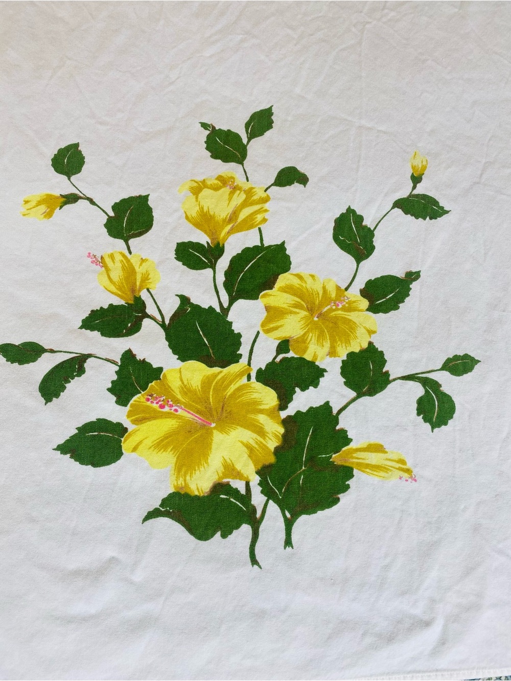 Vintage 50s California Hand Prints Tablecloth yellow hibiscus floral